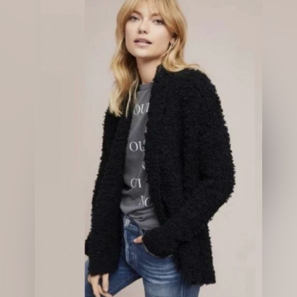 Anthropologie Akemi + Kim Bernadette Black Shaggy Oversized Open Cardigan Size M